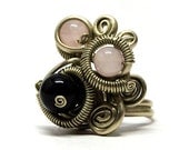 Wire Wrap Metal Ring with Rose Quartz and Black Onyx