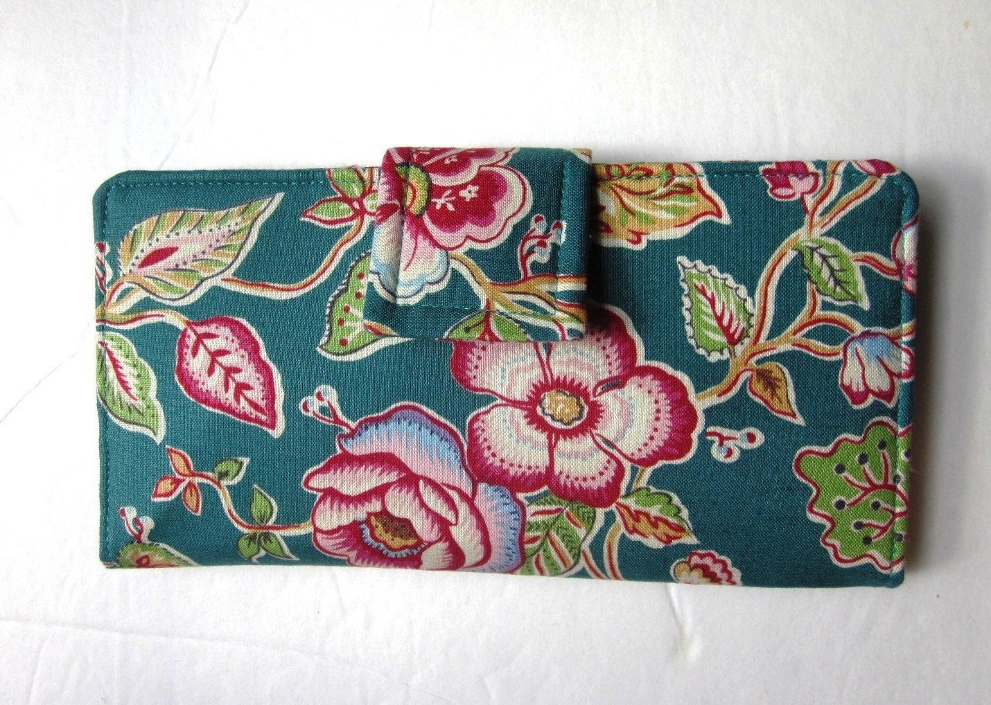 Handmade women wallet Large Floral Teal Blue garden with pink flowers