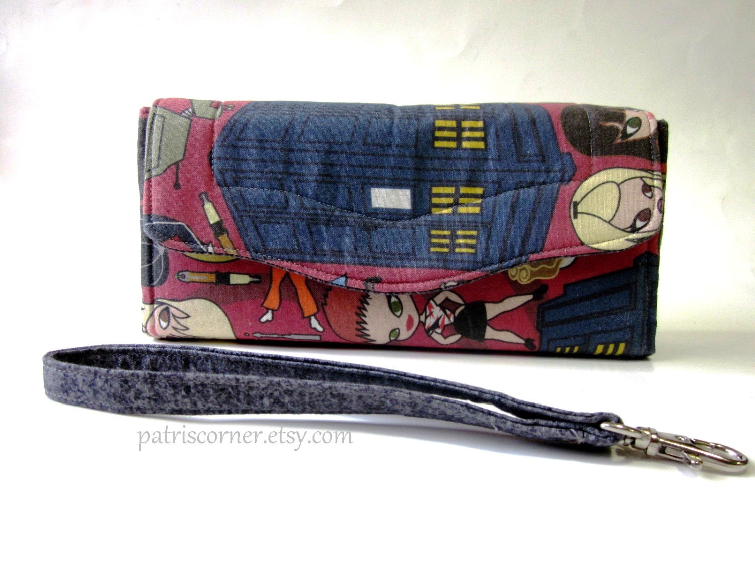 Handmade women clutch - wallet with wrist strap TARDIS and girls