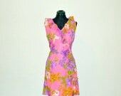 Sale... 1960s dress // vintage 1960s wiggle dress bright pink shift with ruffle detail boho tropical