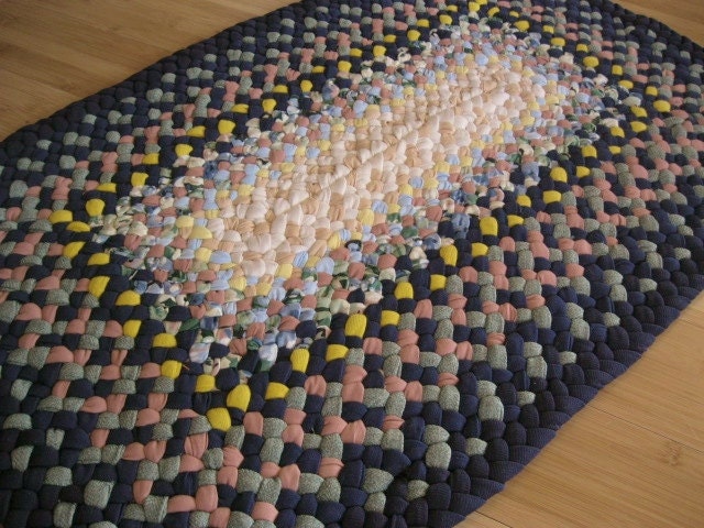 Ready To Ship Handmade Braided Rectangle Rug in Navy and Candy Pink from recycled cotton