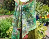 SALE  Nuno felted silk, linen & wool shawl wrap scarf - red green orange white - lagenlook - Art to Wear OOAK
