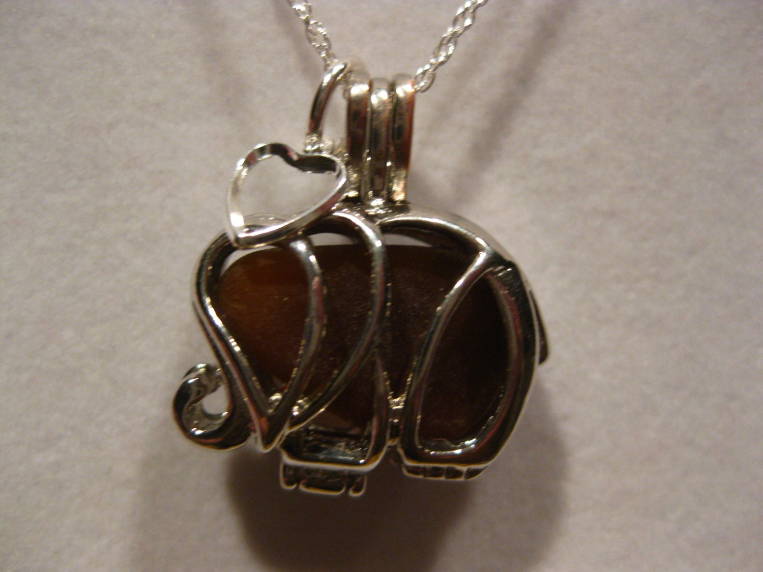 Amber Brown  Seaglass Elephant necklace sea glass locket