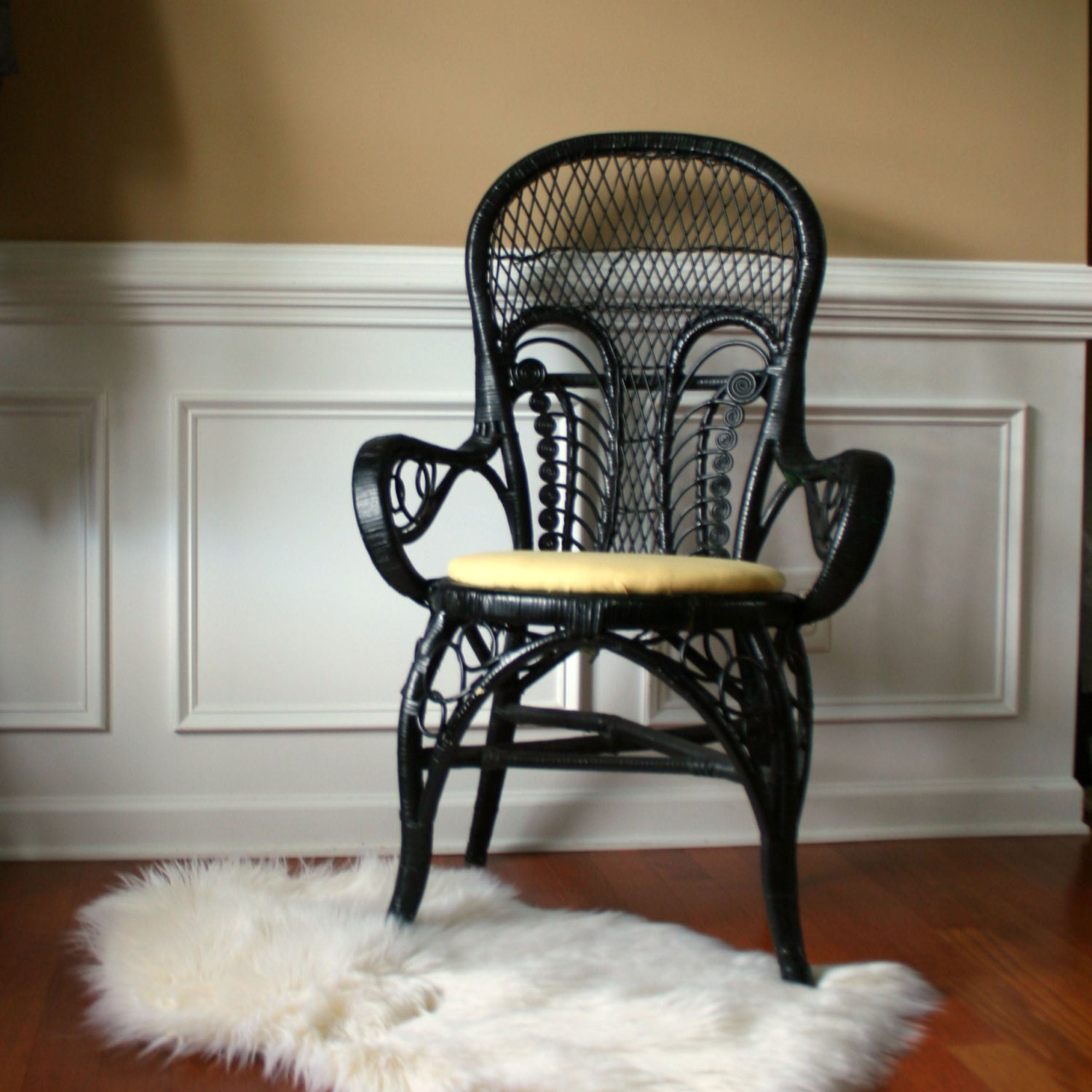 Rattan Cane Chair. Black. Woven. Chinoiserie. Vintage Accent Desk ArmChair. Dining Chair. Hollywood Regency. Home Decor. Bohemian.