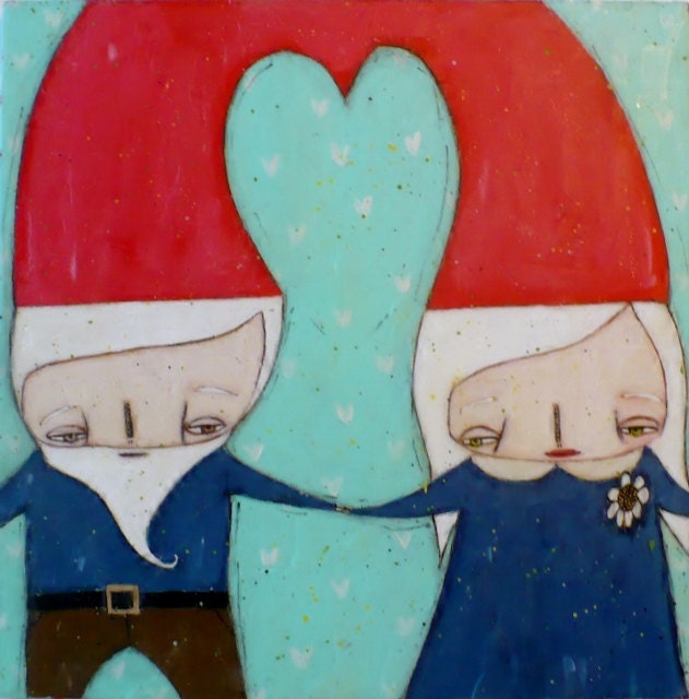 Love gnomes Original Lia Lane painting beeswax Mixed MEdia art Wood Burned Painting