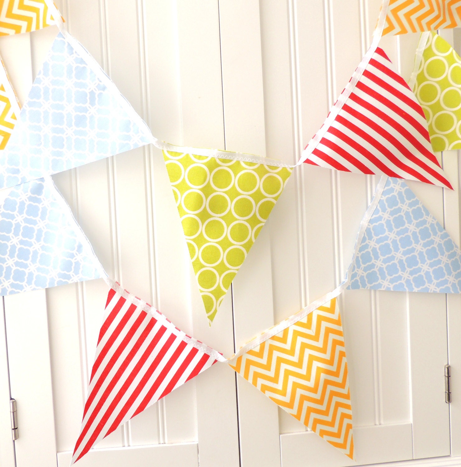 5 Feet Banner, 11 Flag Bunting, Yellow Chevron, Lime Circles, Red Stripe, Light Blue Chain, Baby Boy Nursery Decor, Birthday Party