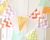 21 Fabric Flag Bunting,  9 Feet Banner, Orange, Grey Chevron,Teal Stipe, Yellow, Lime Polkadot, Boy Birthday, Nursery Decor