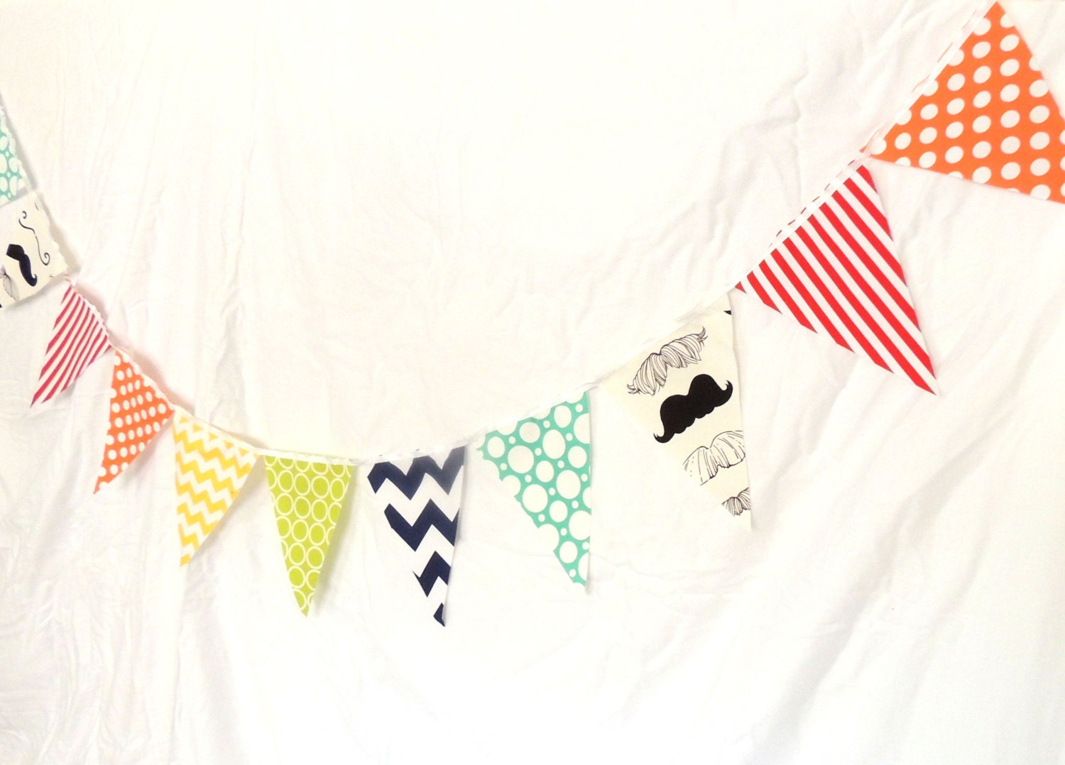 21 Fabric Flag Bunting, 9 Feet Banner, Mustache, Yellow Chevron, Orange, Teal Polka Dot, Lime, Red, Baby Boy Nursery Decor, Birthday Party