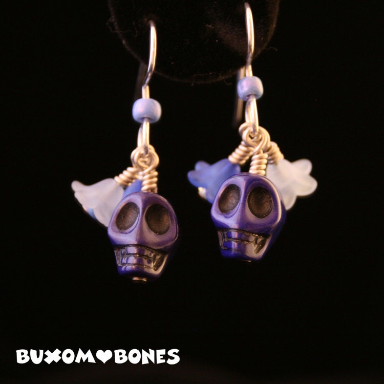 Gothic Earrings - Dia de los Muertos Skull Earrings - Dark Blue and Light Blue - Day of the Dead Earrings - gIRLY gOTH