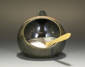 Handmade Stoneware Double Duty Salt Pig / Cellar with Bamboo Spoon