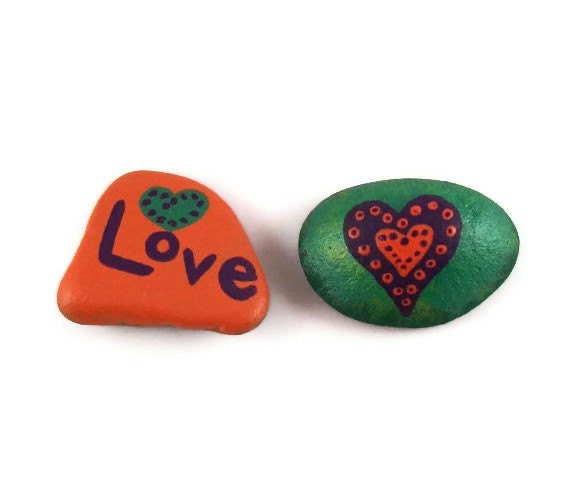 Set Love Hand Painted Lake Stone Magnets Folk Art Green Orange and Purple