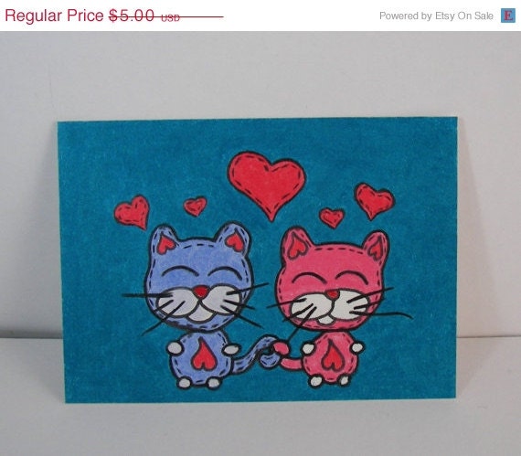 Sale 10% Off Eco Original Drawing Artist Trading Card Two Cats Kitties in Love Valentines Art