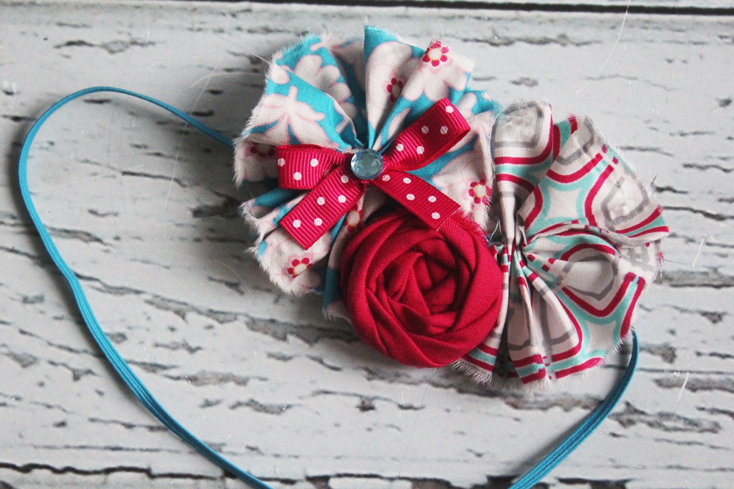 Vaeda- raspberry and aqua blue double ruffle and rosette headband
