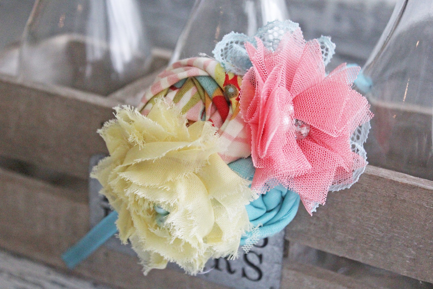 Spring's Song- aqua, yellow and coral peach rosette and chiffon flower headband