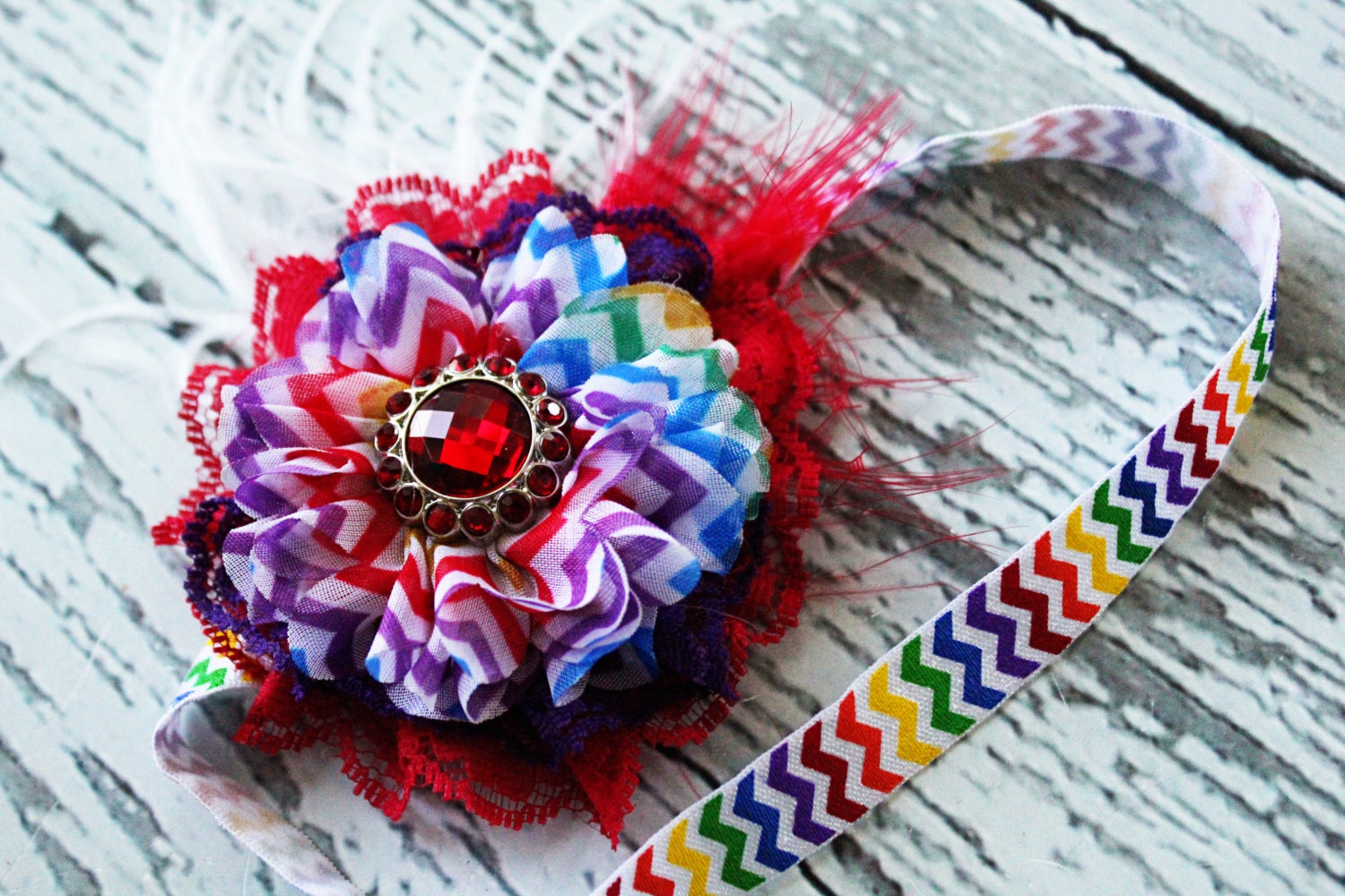 Rainbow Remix- lace and chiffon ruffle with feathers and netting rainbow headband