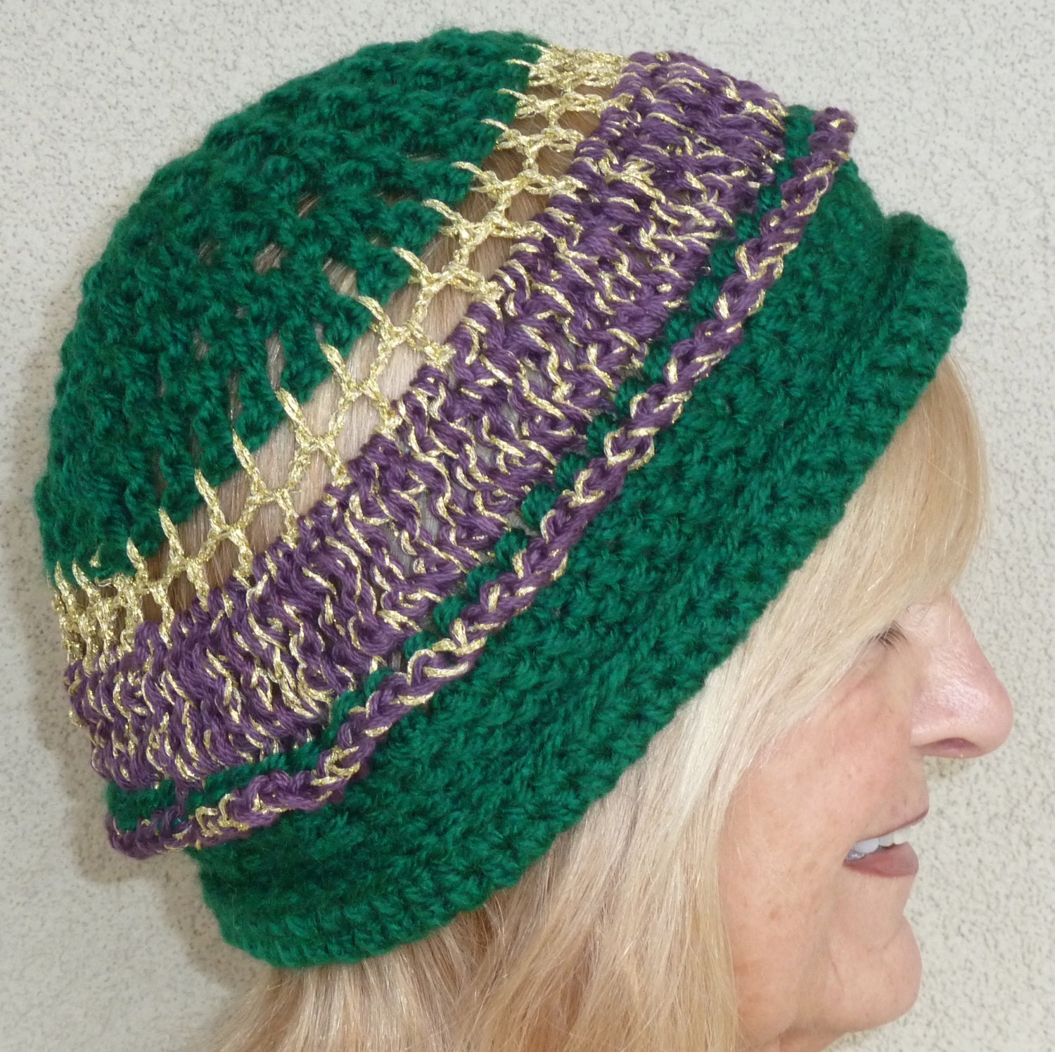 Mardi Gras Hat Green Purple Gold Crochet