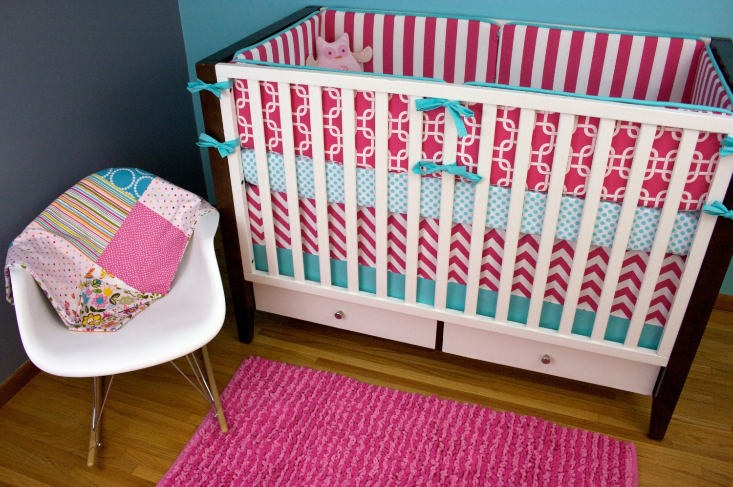Upgraded Bumpers/ Sheet/ Skirt with Trim (Modern Baby Bedding Crib Set)