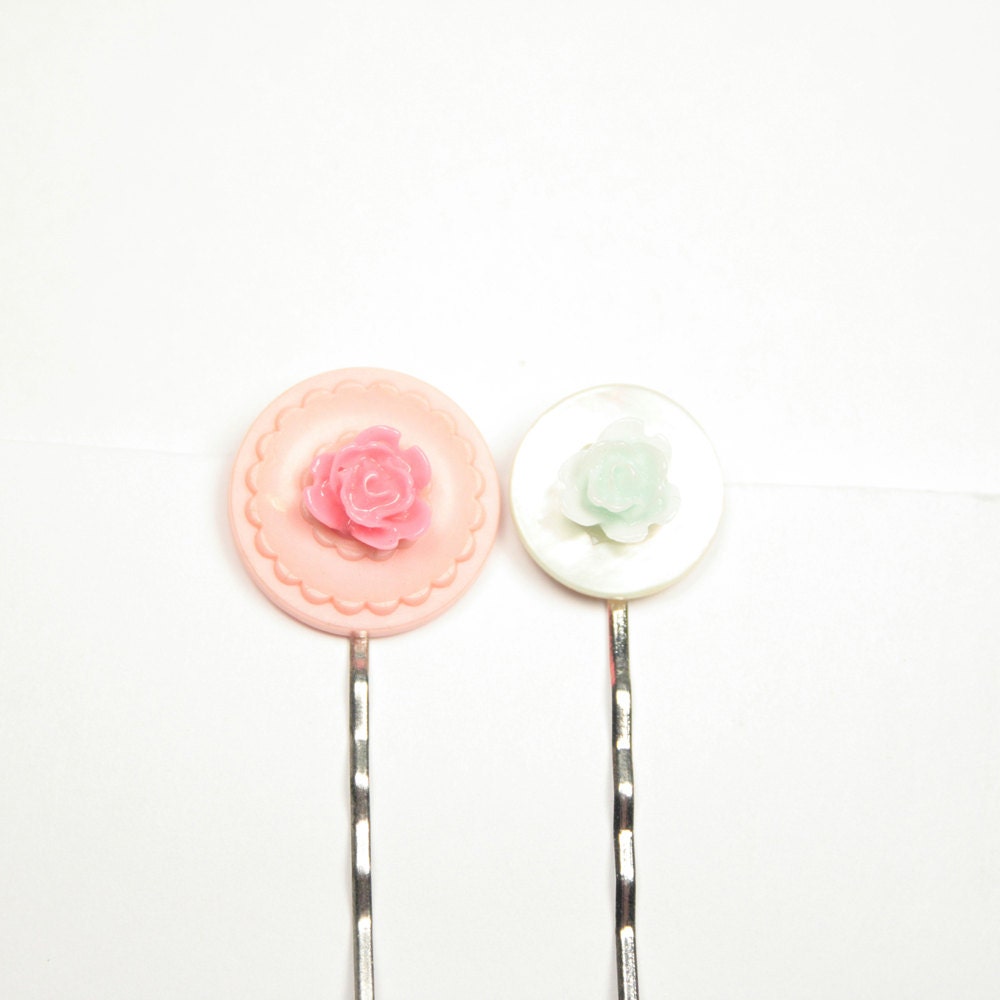Vintage Button Garden Blushing Bride Bobby Pin Pair
