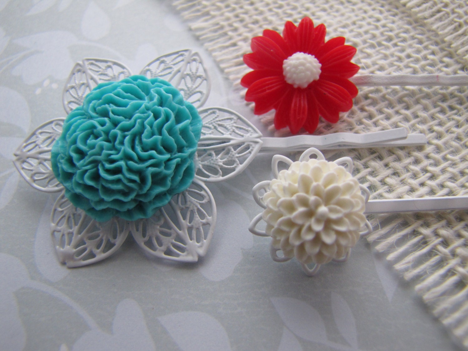 Turquoise Red White . bobby pins . girls hair accessory . floral filigree