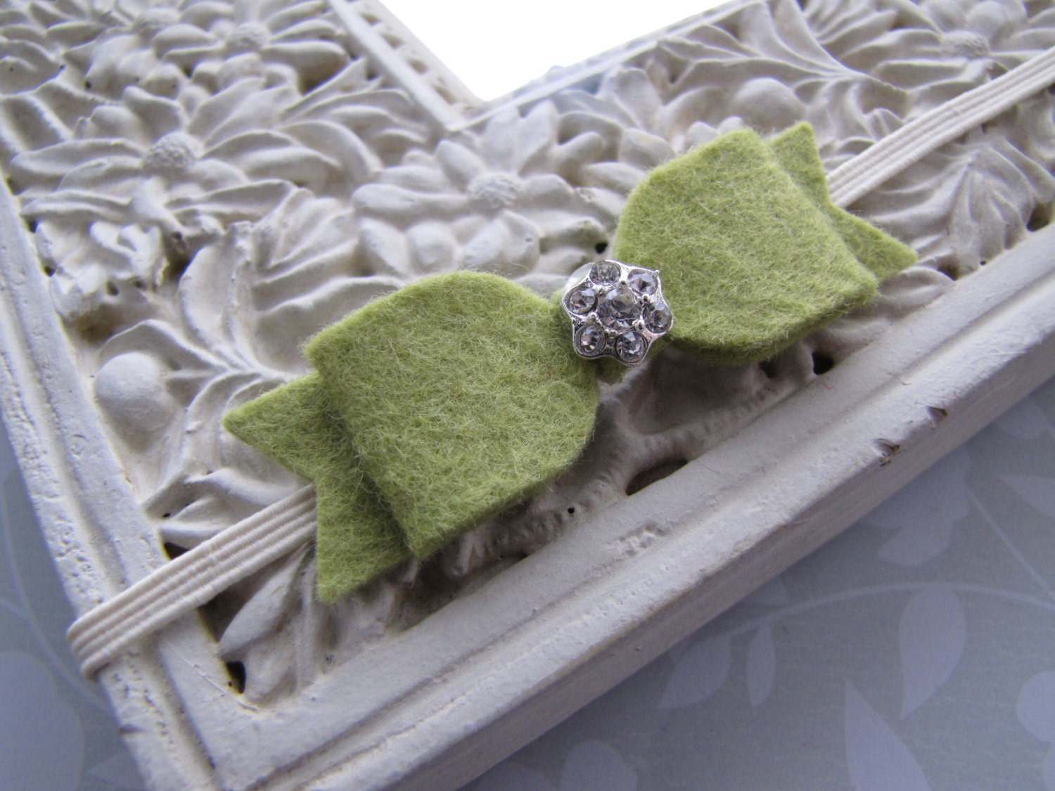 Sage . elastic headband . felt bow . rhinestone button . toddler hair accessory . pastel green