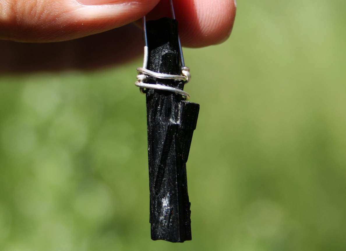 Black Tourmaline Wire Wrapped with Argentium Silver Crystal Pendant