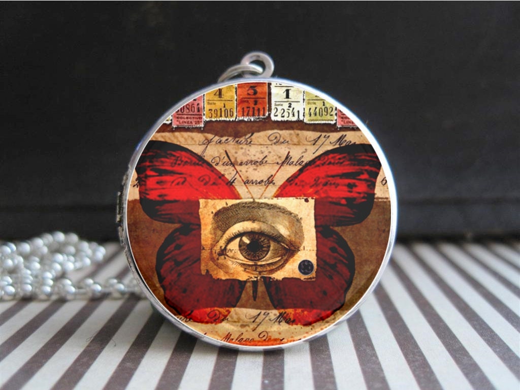 Butterfly Locket All Seeing Third Eye Red Altered Art Pendant Photo Necklace Silver Picture Jewelry Designs Unusual Gifts for Women