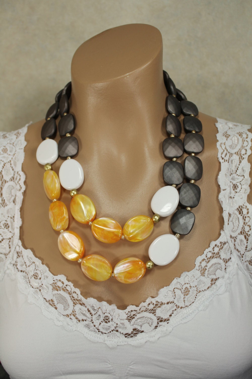 Chunky Double Strand Yellow, White, and Gray Necklace, Sun Drop
