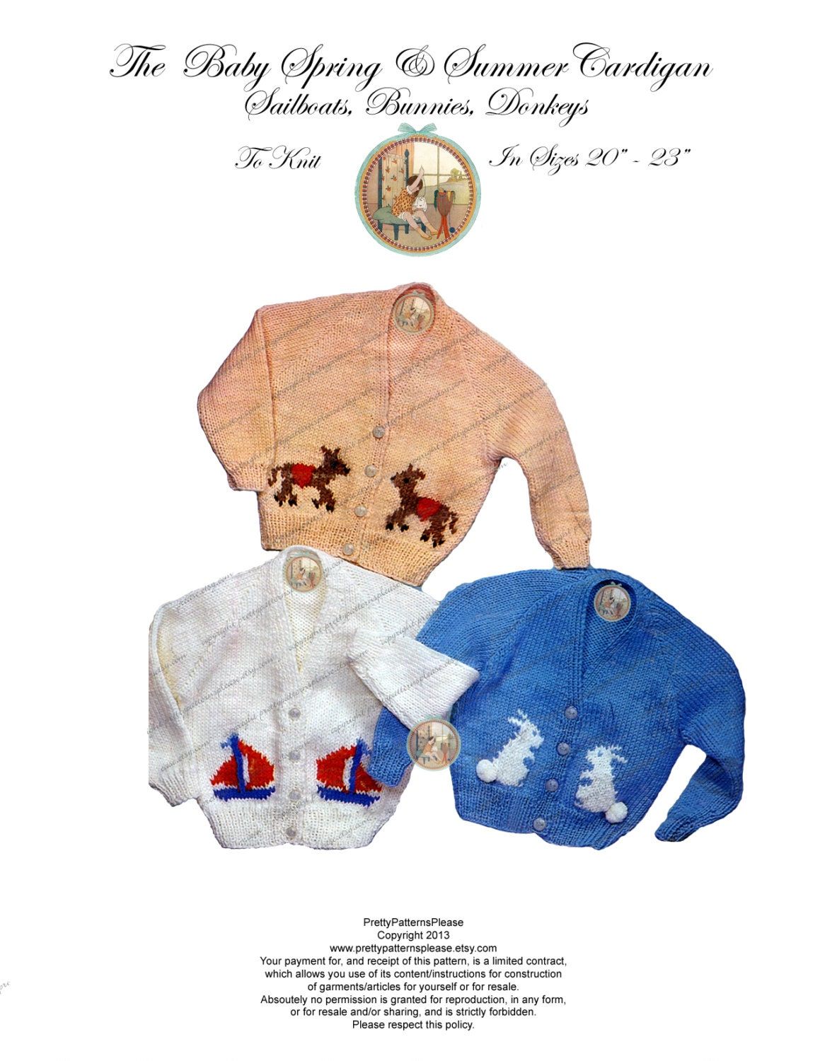 Vintage Baby Cardigan Knitting Pattern - Bunnies - Sailboats - Donkey - PDF Email Delivery - PrettyPatternsPlease