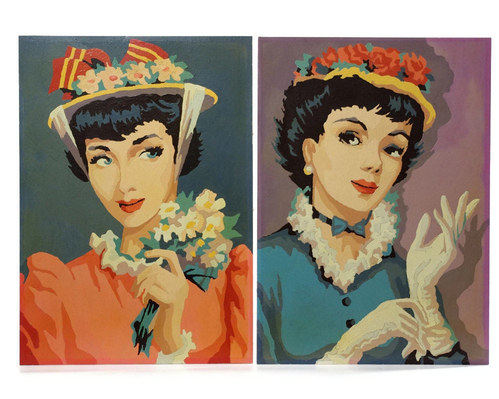 Vintage Paint By Number, Ladies in Hats, Portait Pair, Set of Two