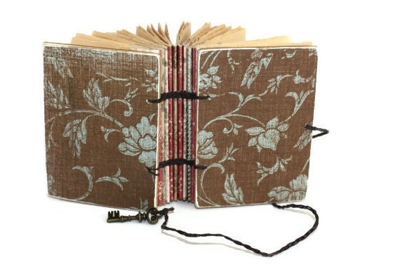 Brown and Aqua Floral Pocket journal  and Skeleton Key Closure