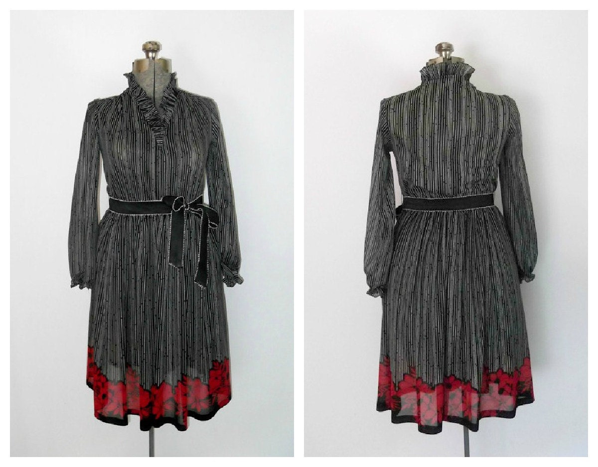 Vintage 1970s Sheer Dress Black White Red Ruffled Collar Secretary Cocktail Party