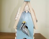 Nautical/Beach Decor Wood/Natural Seashell Birdhouse with Pelican - Father's Day Gift - 3d - Handpainted/Decorated - Free Shipping