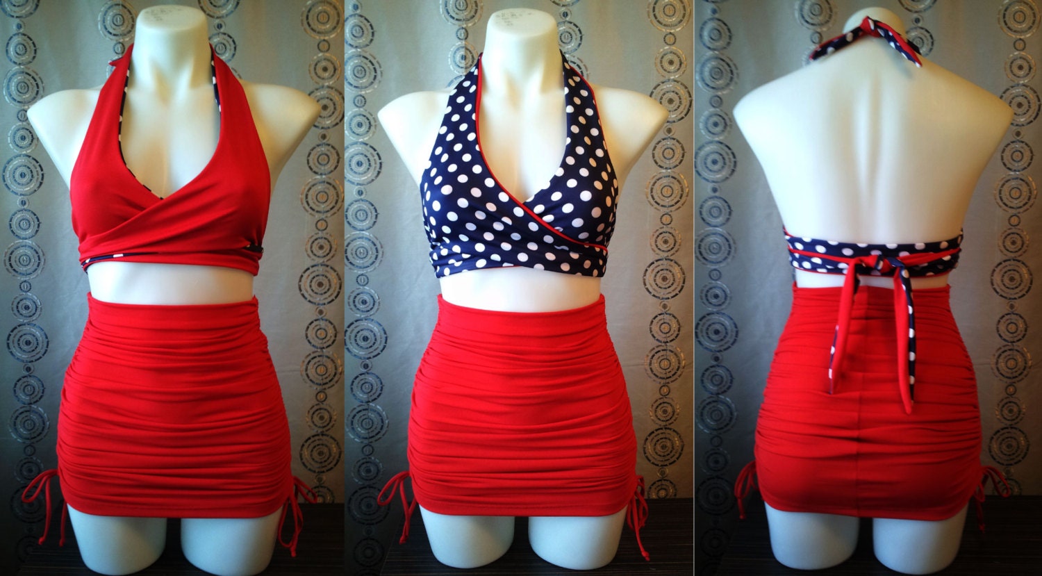 Reversible Top & Tummy Control Bottoms with Attached Adjustable Length Skirt in Large Navy Dot and Scarlet