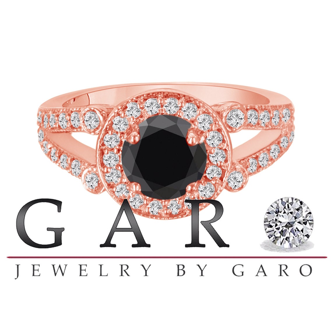 14k Rose Gold  1.58 Carat Certified Natural Black & White Diamond  Unique Halo Engagement Ring HandMade