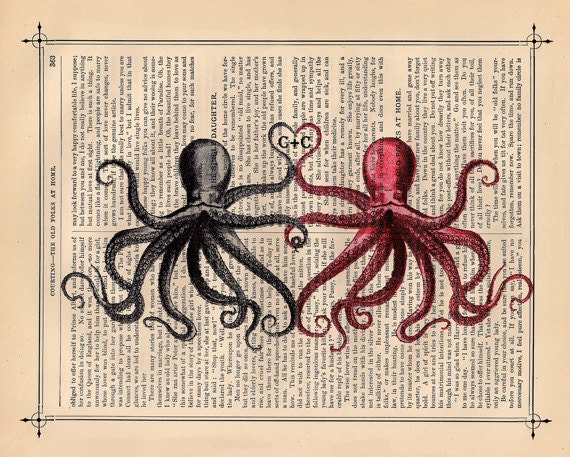 Custom Wedding Octopus Print - Dictionary Art - Octopus Art Print Octopus Lovers Art Print