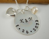 Custom Wedding Gift Necklace, Sterling Silver Stamped Date Initial Necklace, Love