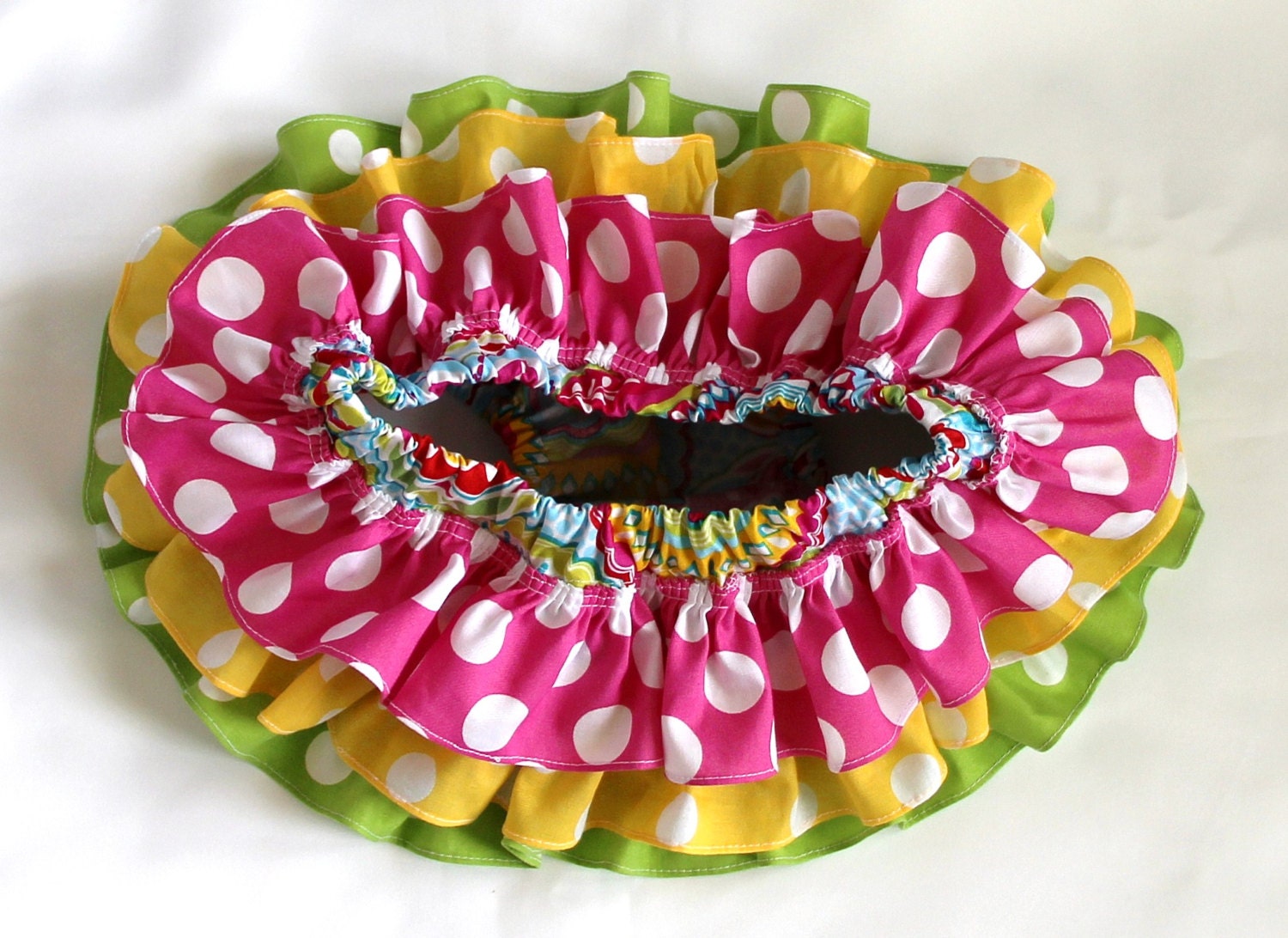 Hot pink, yellow, and lime polka dot all around ruffle bloomers diaper cover skirt tutu for baby newborn infant toddler girl