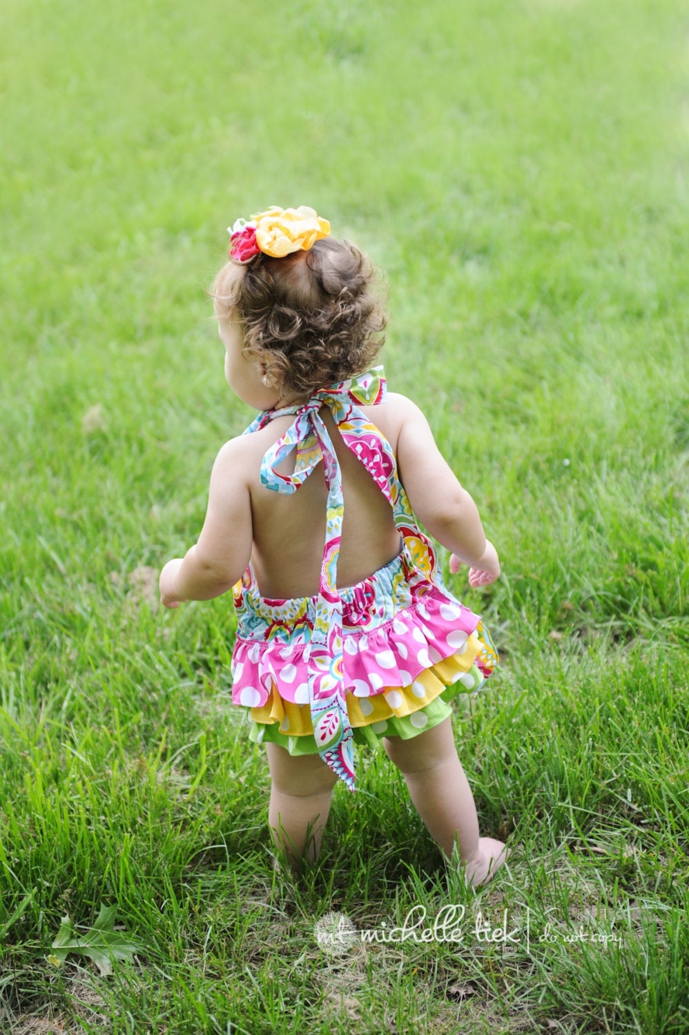 Hot pink, yellow, and lime polka dot ruffle bloomers diaper cover romper sunsuit for baby newborn infant toddler girl