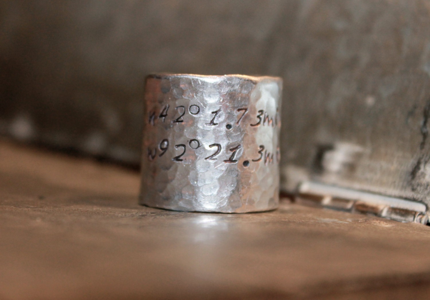 Latitude and Longitude Stamped Hammered Upcycled Personalized Ring Eco Fashion