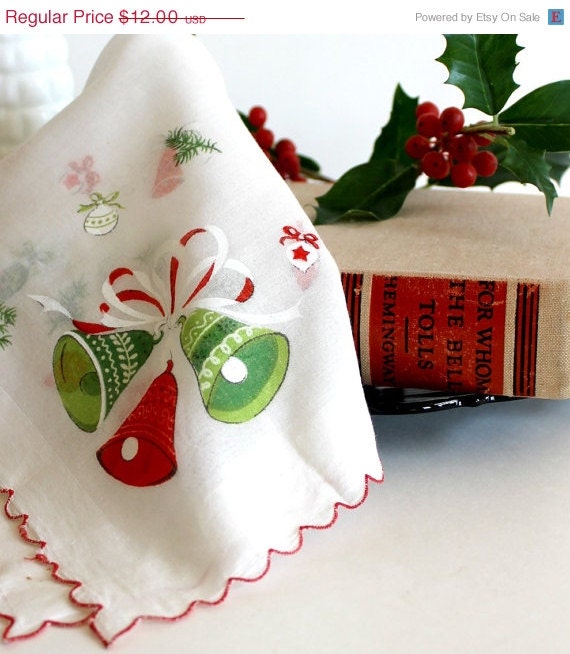 CLOSING SALE Reduced 50% Vintage Christmas Bells Hankerchief