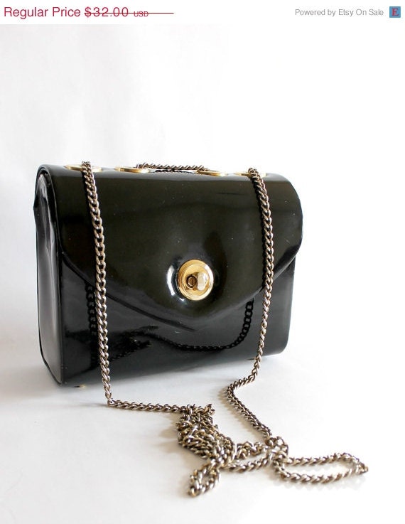 CLOSING SALE Reduced 50% Vintage 1960s Black Vinyl Box Purse with Chain Strap