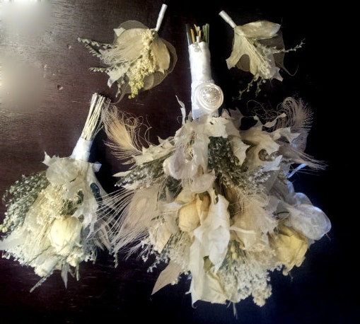 Natural Wedding Bouquet Set - Romantic Vintage Dried Ivory Roses Leaves Bleached Peacock Feathers Boutonniere Bridesmaid Bridal