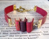 Miniature Book Bracelet Stack of 3 Mini Books and Leather Bracelet Red Gold