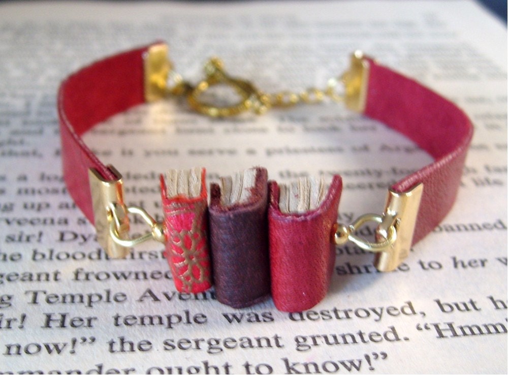 Miniature Book Bracelet Stack of 3 Mini Books and Leather Bracelet Red Gold