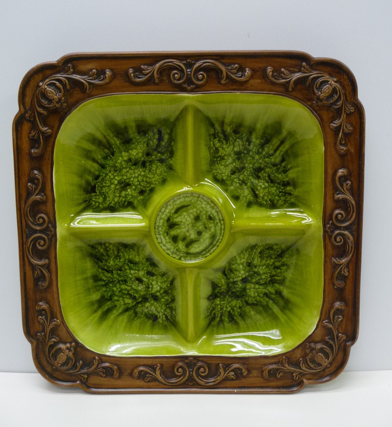 Vintage platter Relish tray Groovy green ceramic plate USA 13 1/2 inches square