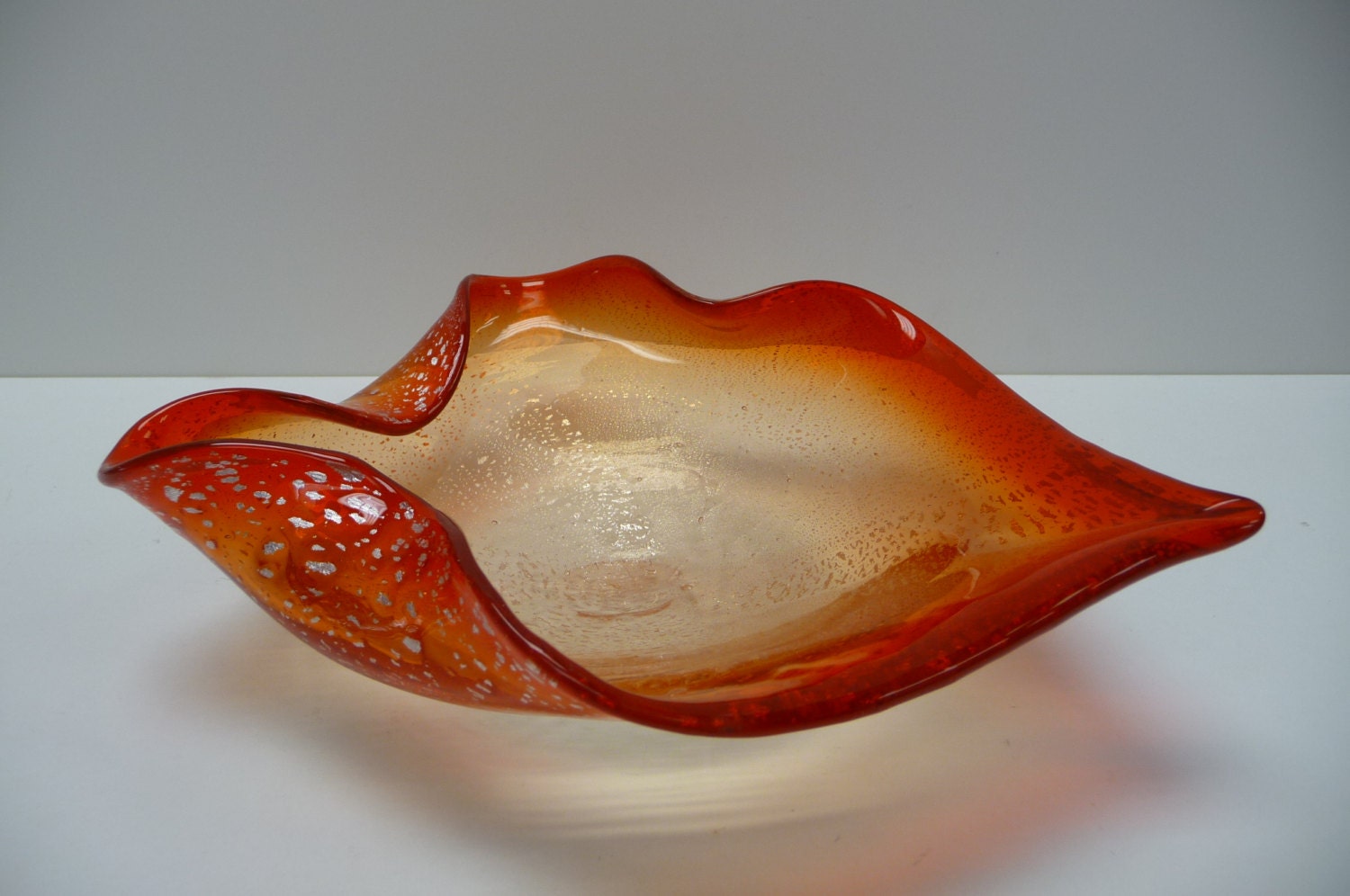 Vintage Italian Murano Art Glass Ashtray, Dish, bowl, Red, Orange w/ Silver