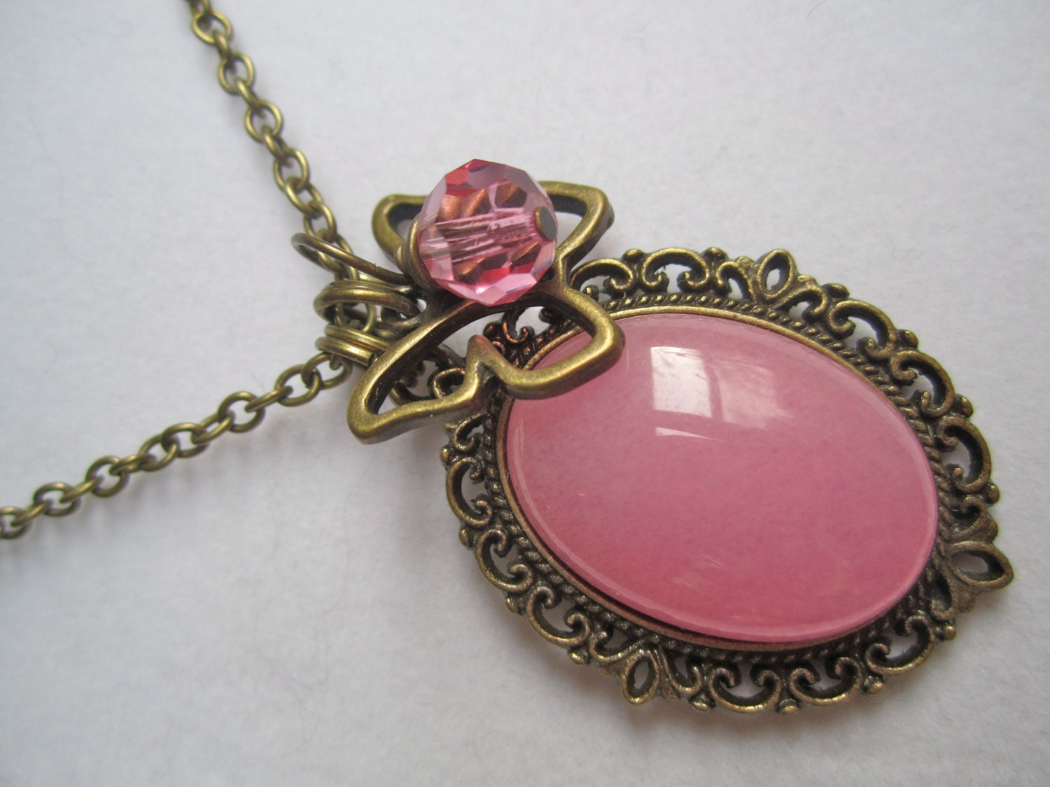 Pink Jade Butterfly long antique brass necklace with pink swarovski crystal