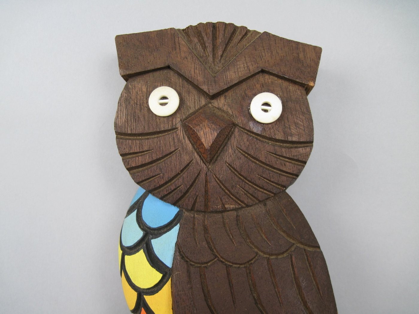 1970s Wooden OWL Wall Hanging - vintage Hand Carved, Hand Painted Folk Art