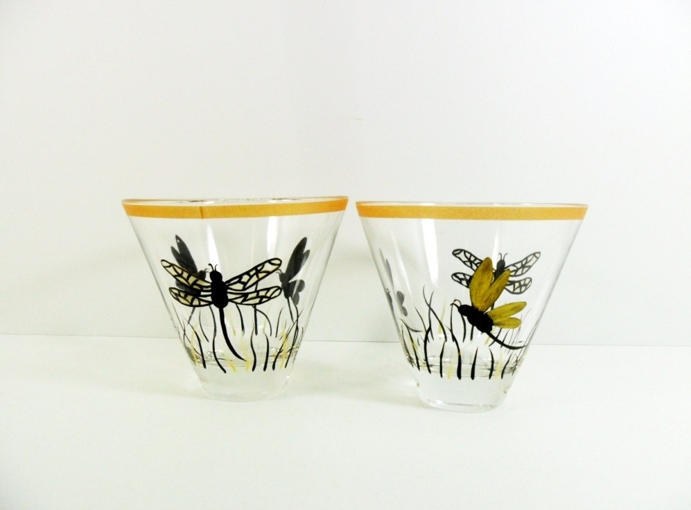 Dragonfly Martini Glasses Stemless Hand Painted Set of 2