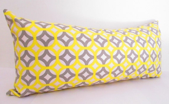Long Pillow, Gray Bolster Pillow, Gray and Yellow pillow cover, Geometric Pillow Cover, Grey Cushion Cover, 14x28 Inch